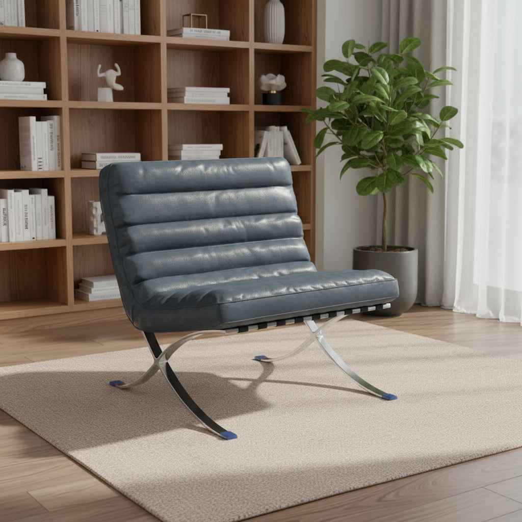 29" Blue and Silver Tufted Leather and Upholstered Folding Lounge Chair