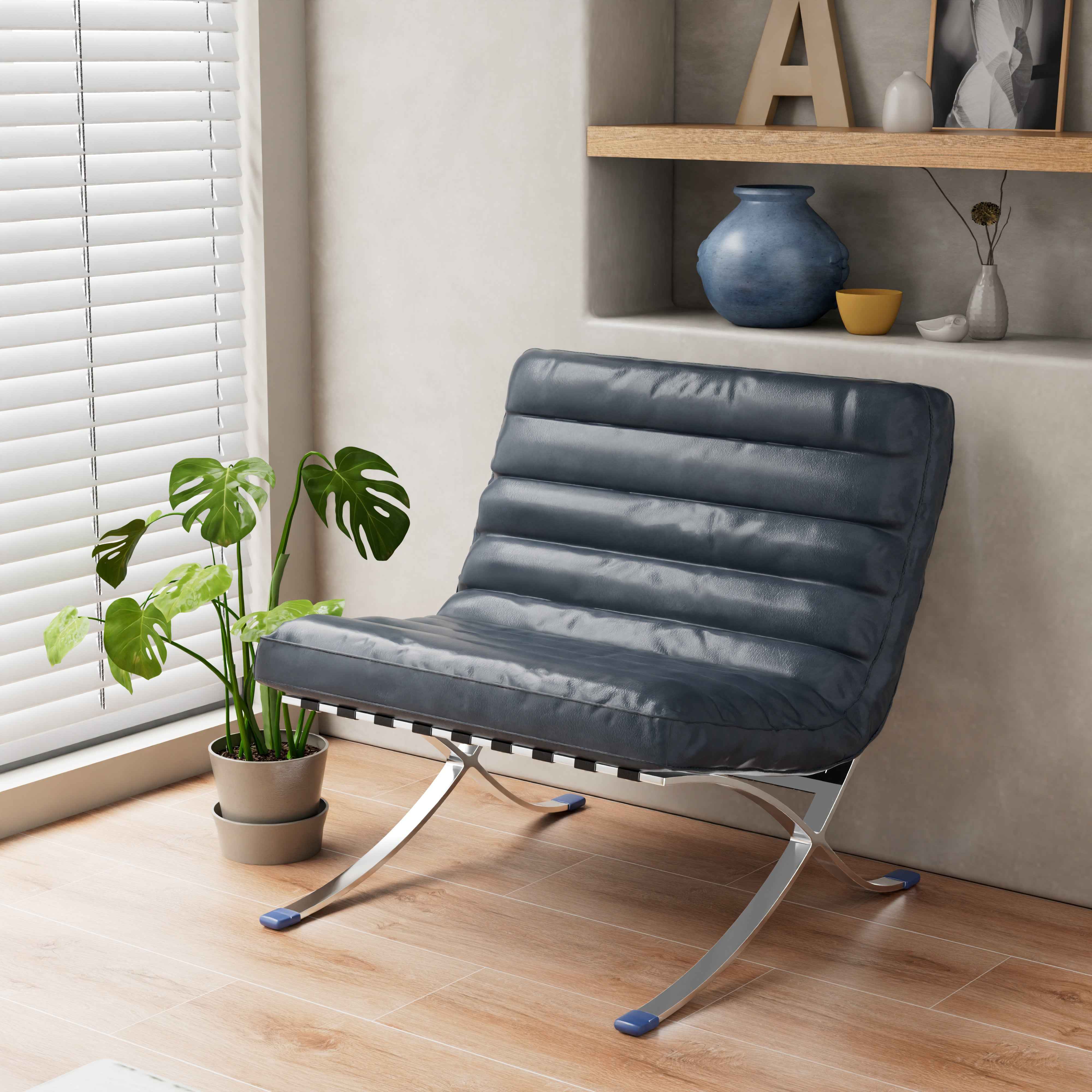 29" Blue and Silver Tufted Leather and Upholstered Folding Lounge Chair