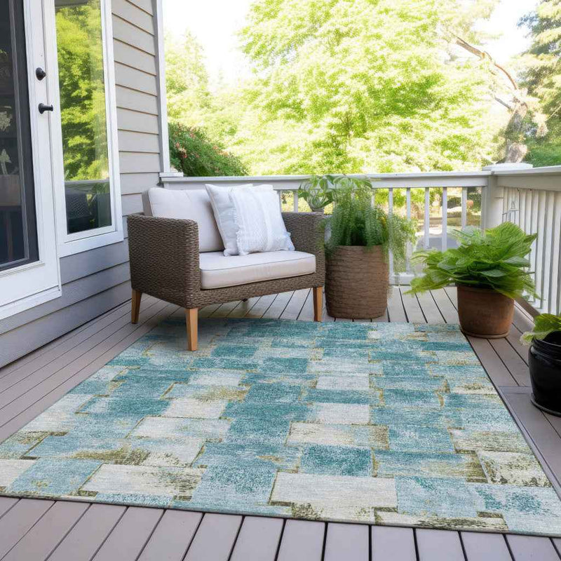8' X 10' Teal Blue And Khaki Striped Washable Indoor Outdoor Area Rug