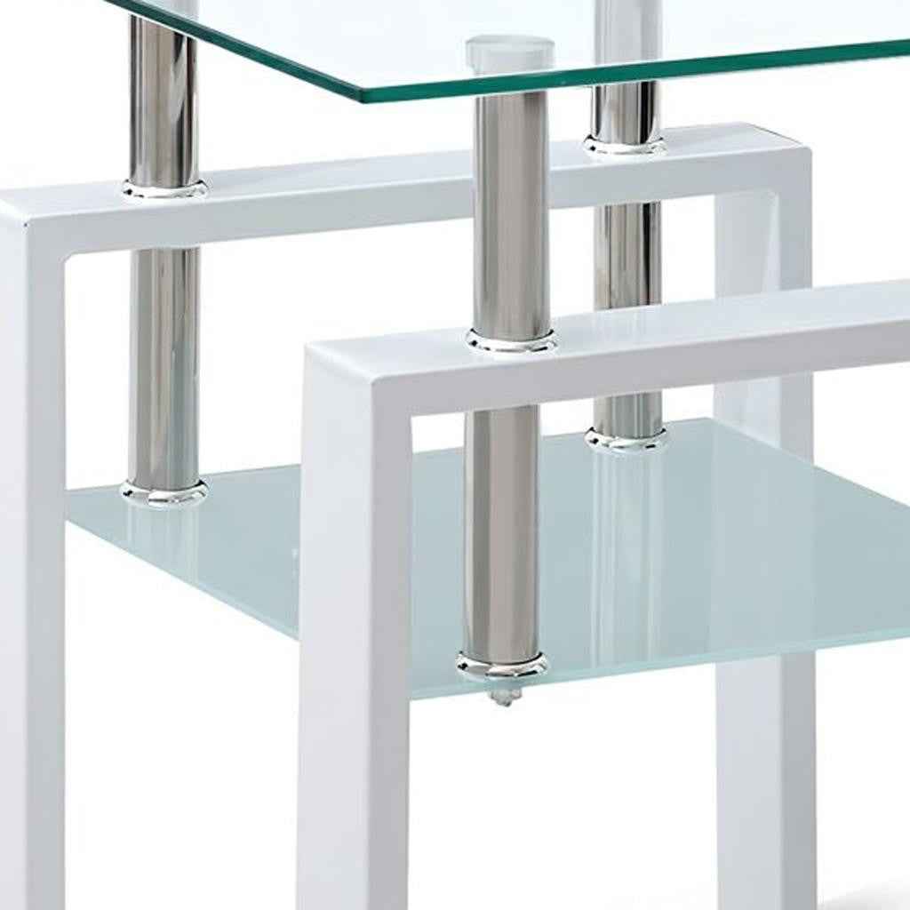 Set of Two Clear and White Glass and Metal Square End Tables With Shelf