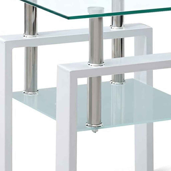 Set of Two Clear and White Glass and Metal Square End Tables With Shelf