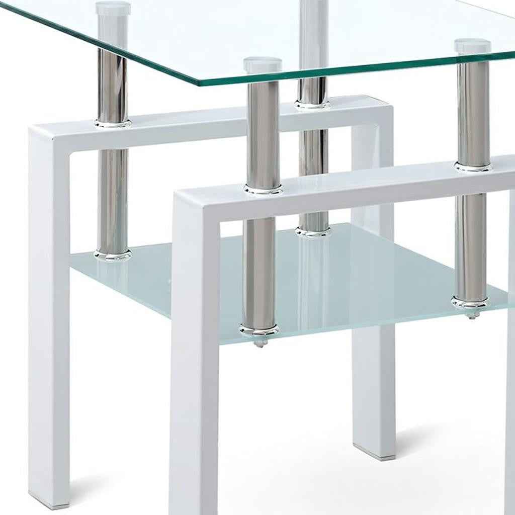 Set of Two Clear and White Glass and Metal Square End Tables With Shelf