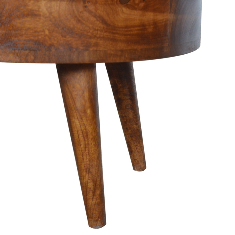 Solid wood coffee table leg with chestnut brown finish and rounded apron