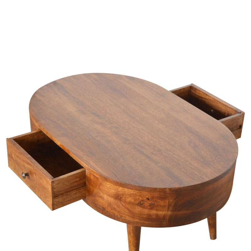 Oval wood coffee table with open drawer storage and smooth tabletop; chestnut