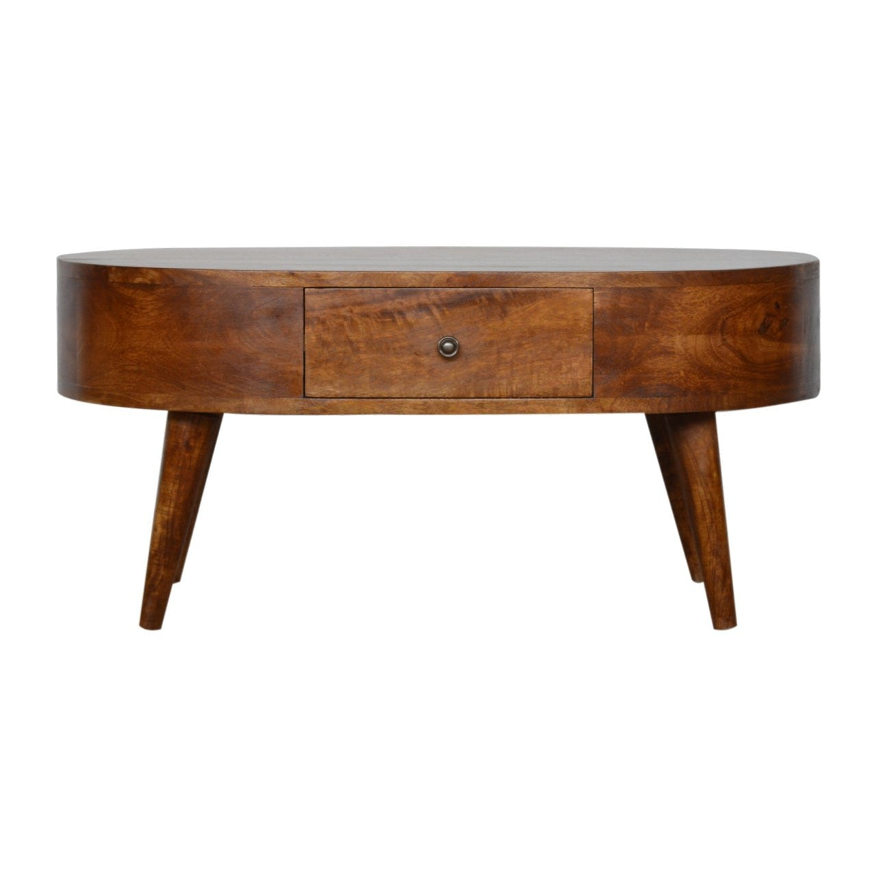 Oval wood coffee table with front drawer and knob; tapered legs