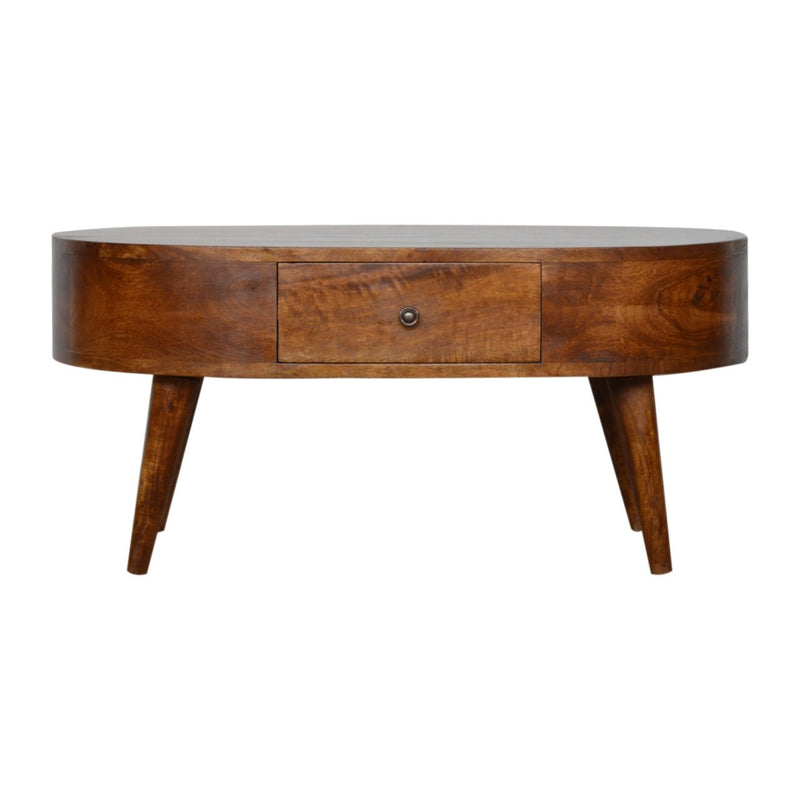 Oval wood coffee table with front drawer and knob; tapered legs