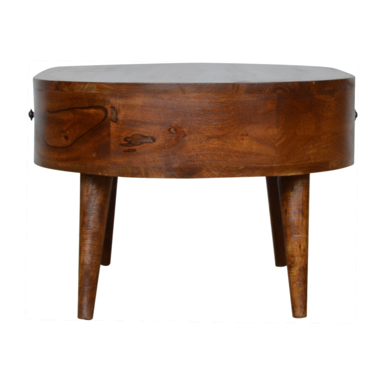 Chestnut oval wooden coffee table with solid back panel and four tapered legs