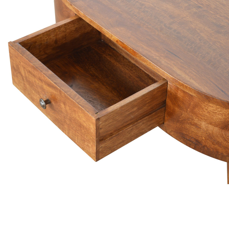 Wooden drawer on oval coffee table with metal knob; chestnut finish