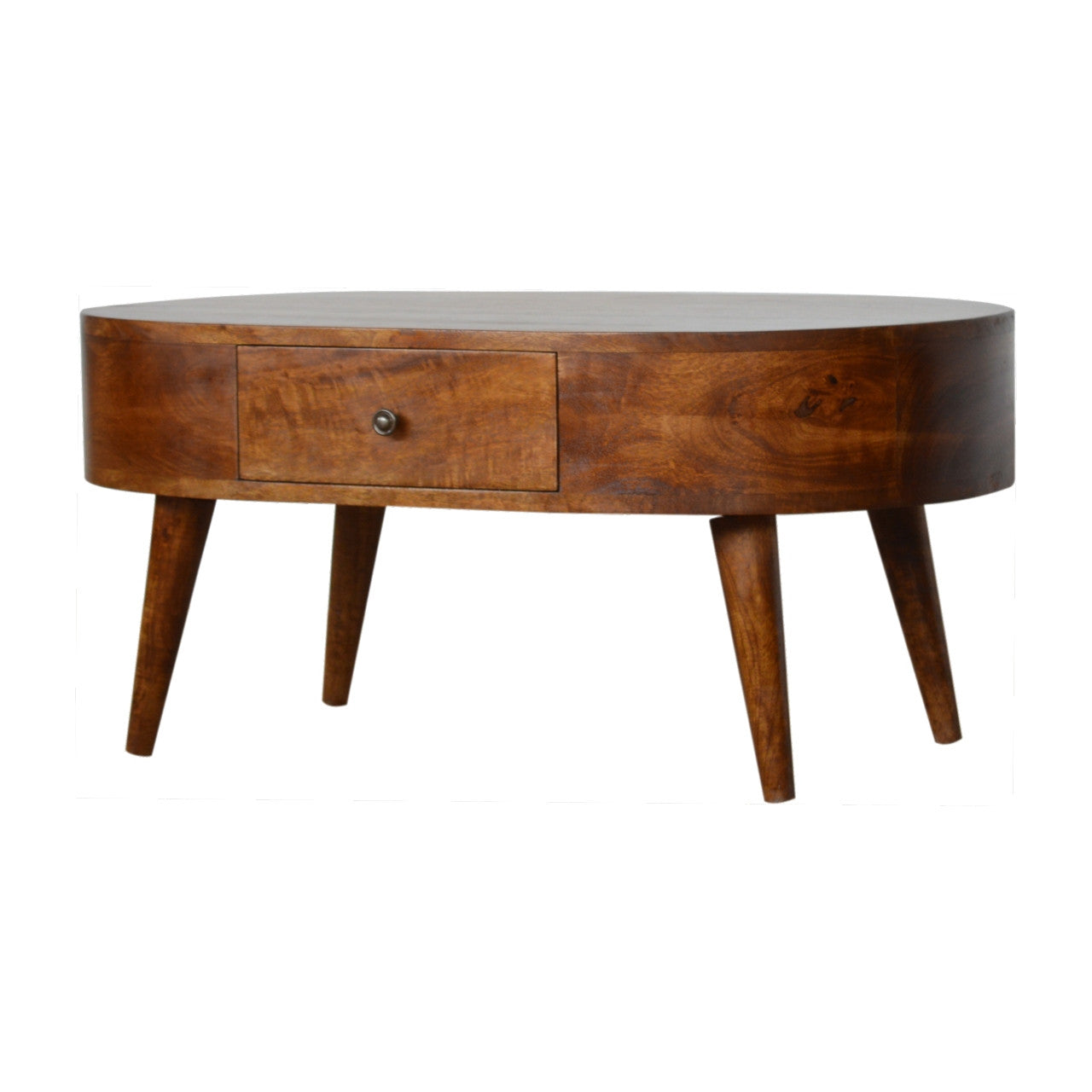 Chestnut oval coffee table with front drawer and round knob; angled legs