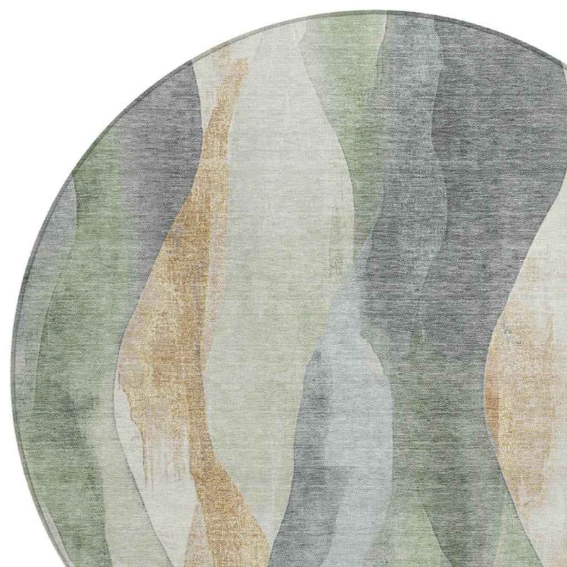 8' Artichoke Green And Gray Round Abstract Washable Indoor Outdoor Area Rug