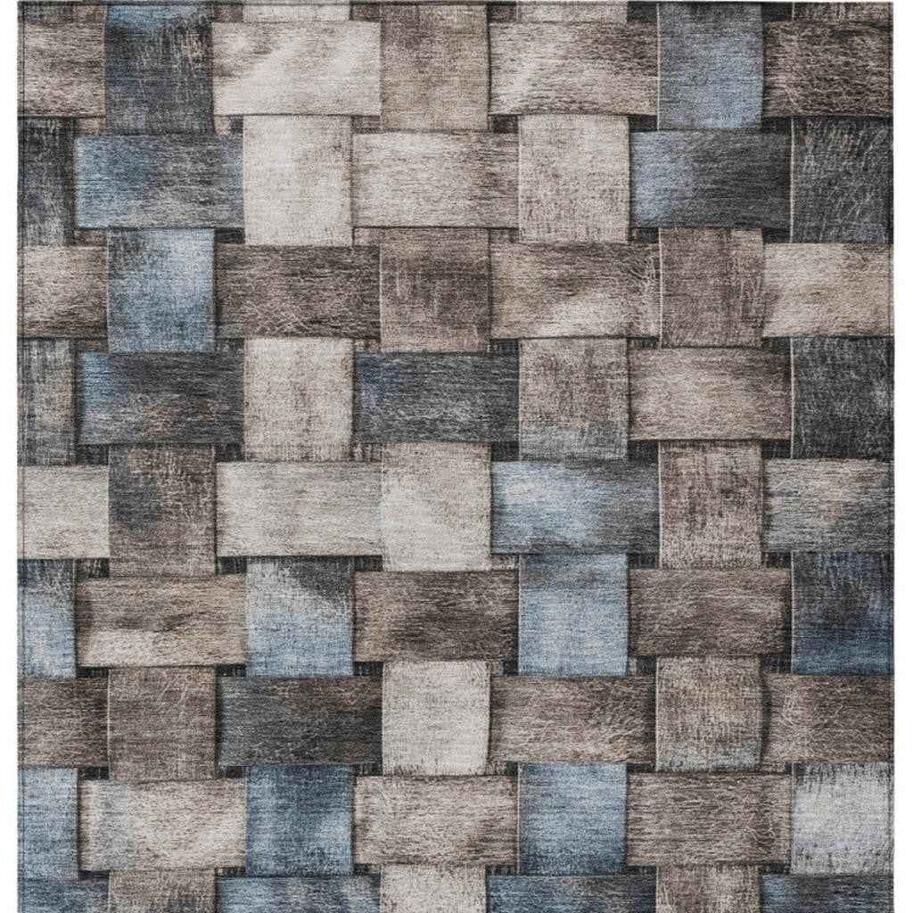 9' X 12' Taupe And Denim Blue Striped Washable Indoor Outdoor Area Rug