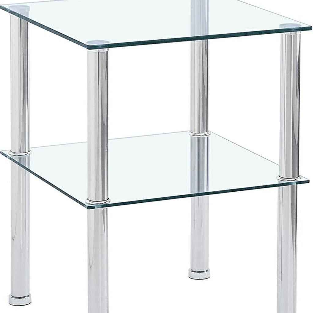 Set of Two Clear and Silver Glass and Metal Square End Tables With Shelf