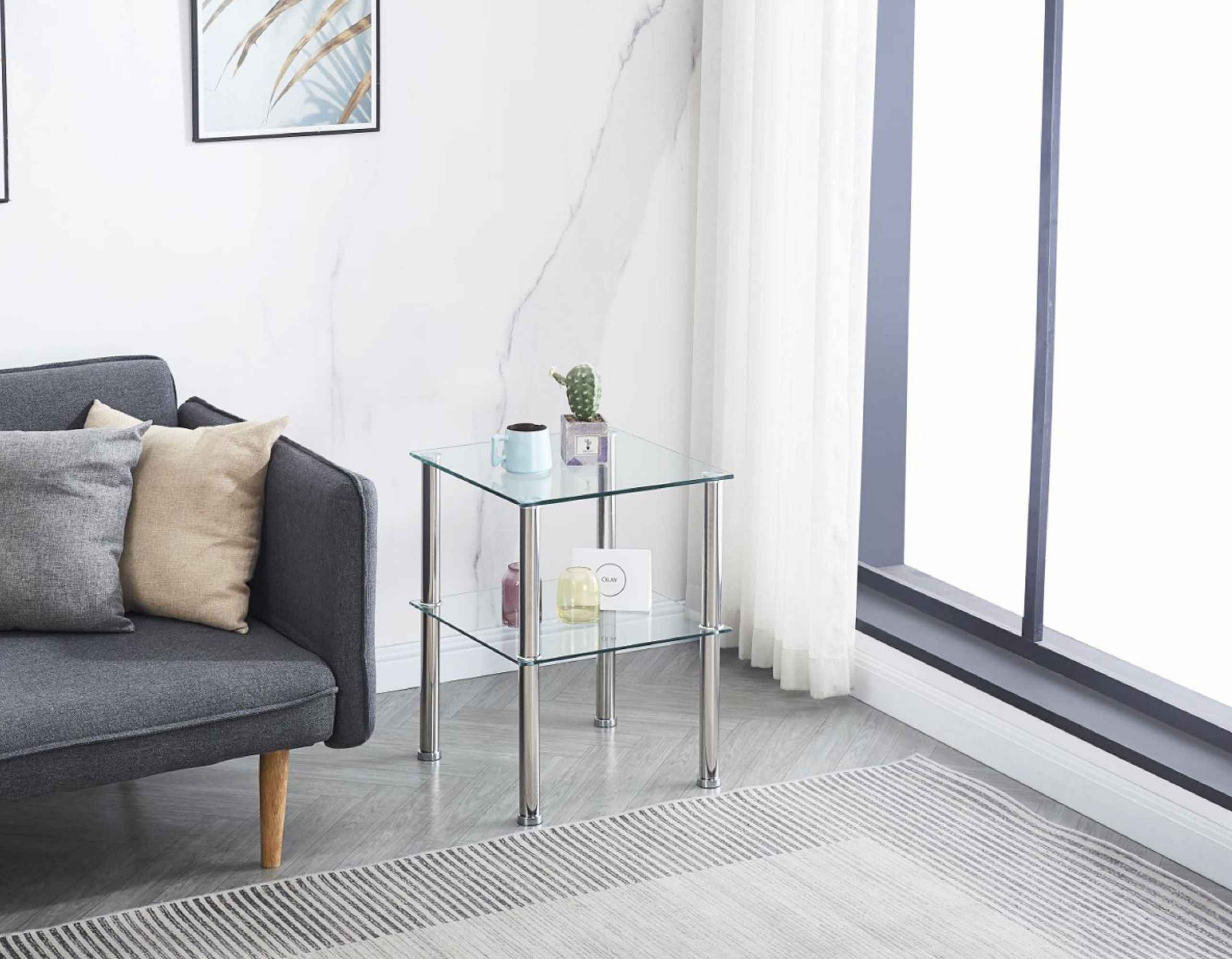 Set of Two Clear and Silver Glass and Metal Square End Tables With Shelf