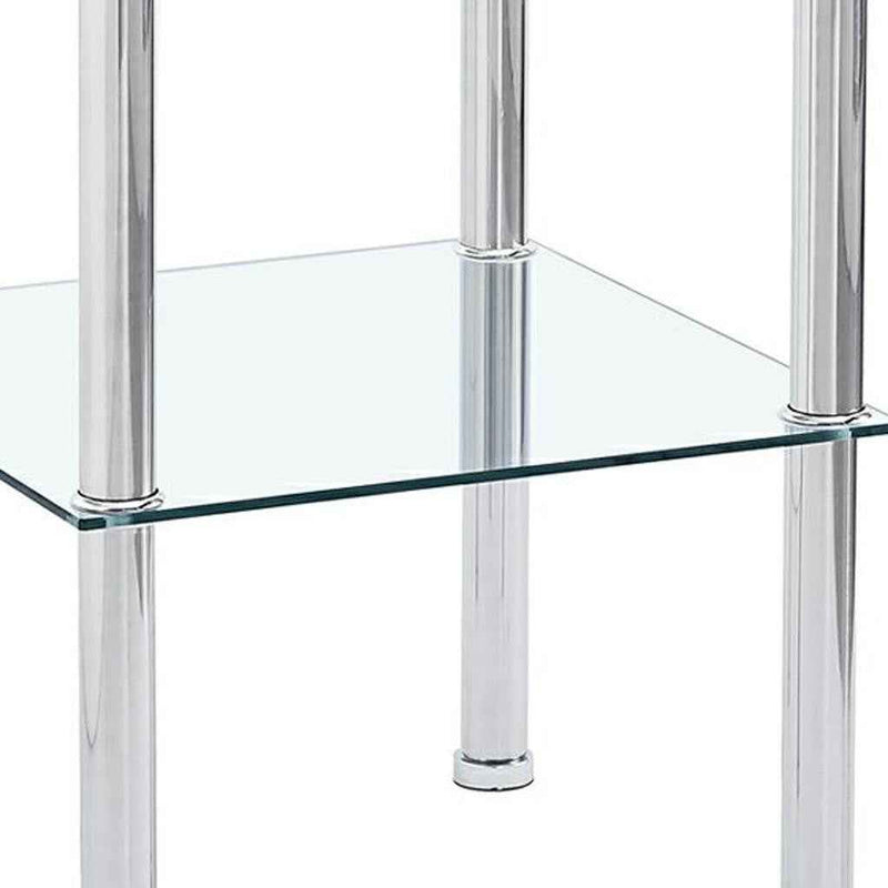 Set of Two Clear and Silver Glass and Metal Square End Tables With Shelf