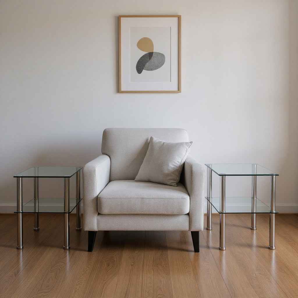 Set of Two Clear and Silver Glass and Metal Square End Tables With Shelf
