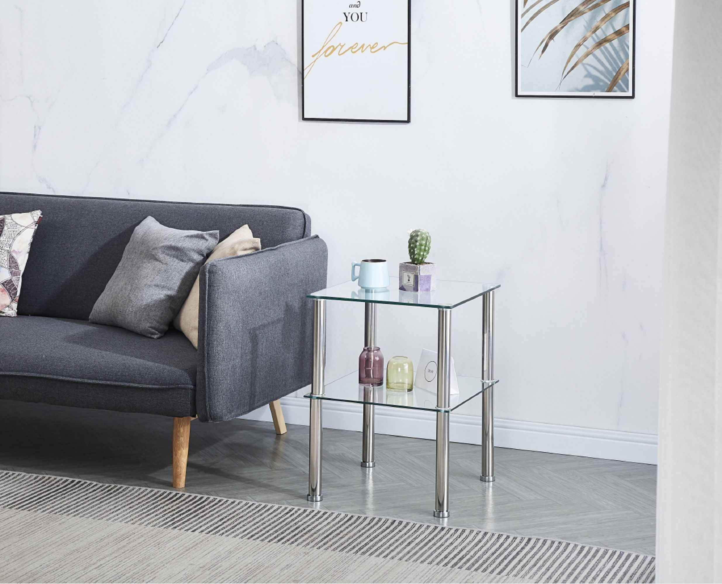 Set of Two Clear and Silver Glass and Metal Square End Tables With Shelf