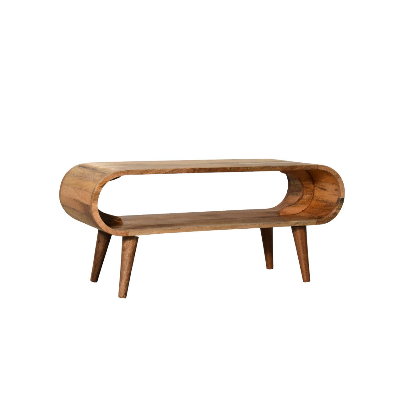 Solid oak coffee table with oval cutout shelf and tapered legs