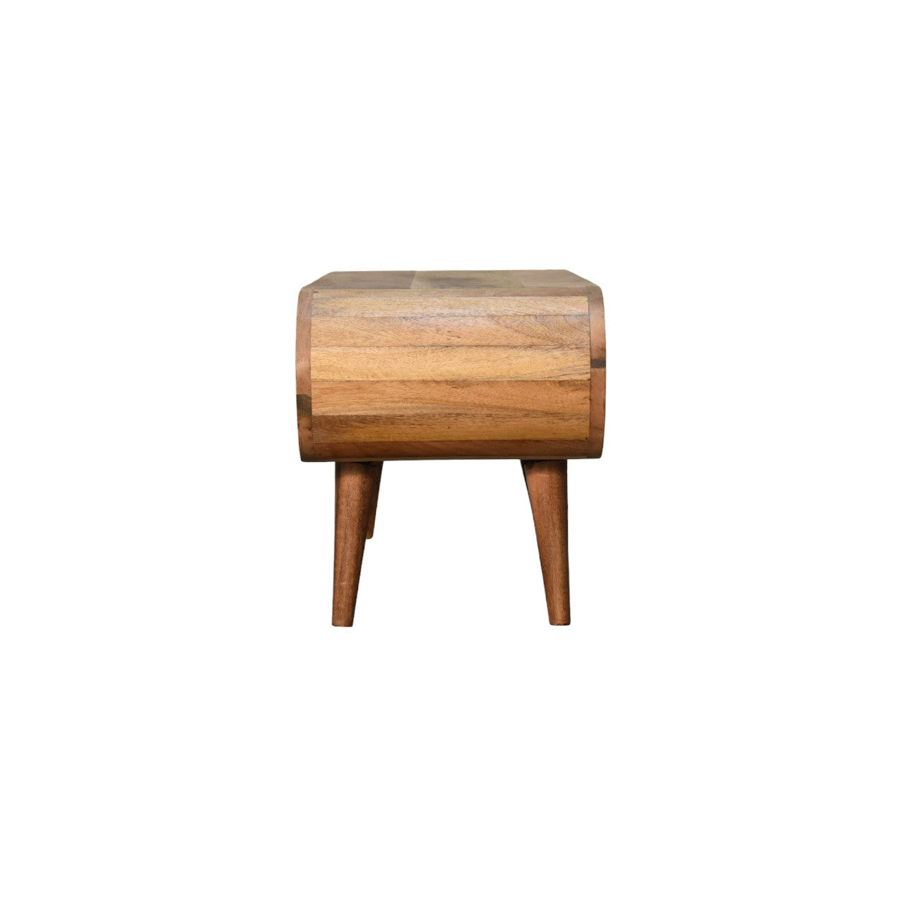 Solid oak coffee table end view with square apron and tapered legs