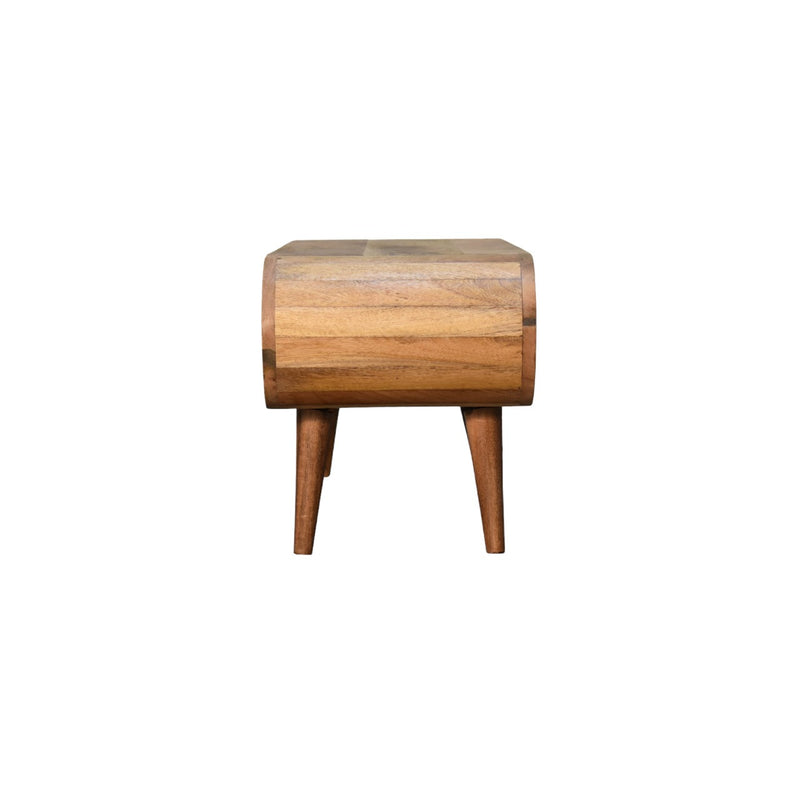 Solid oak coffee table end view with square apron and tapered legs