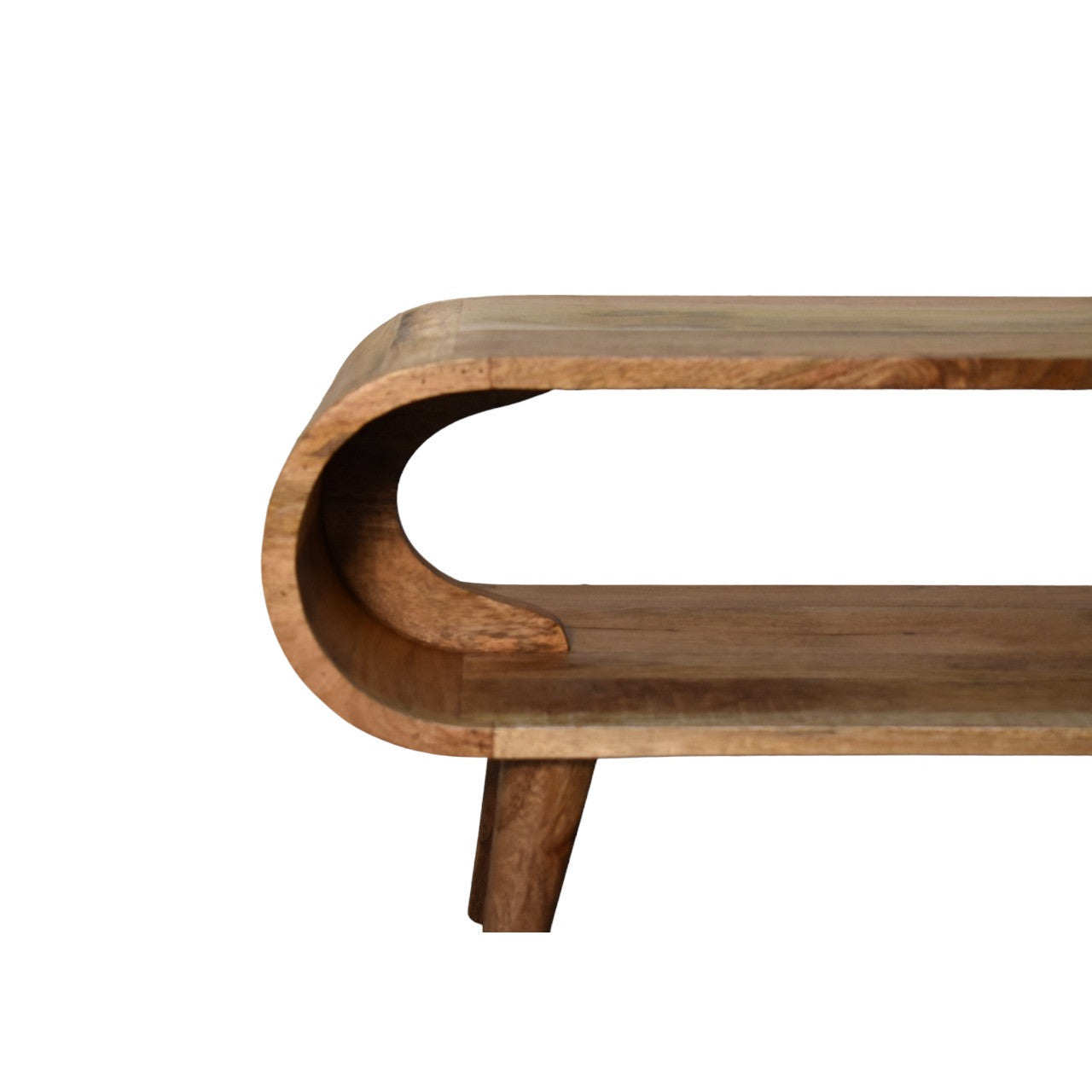 Solid oak coffee table side view with oval cutout and curved wooden apron