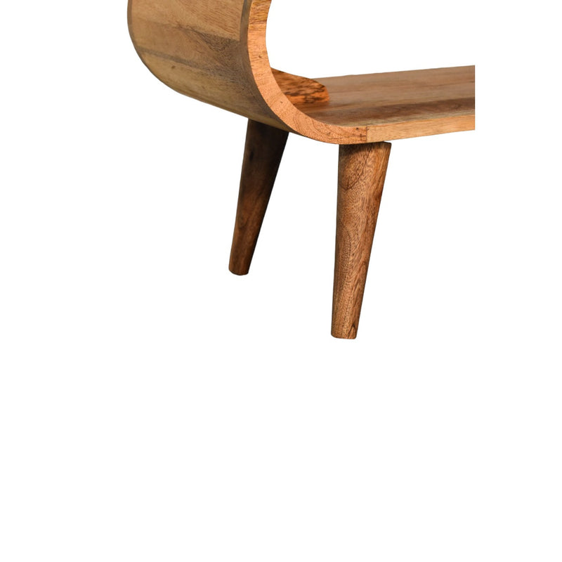 Solid oak coffee table corner view with oval cutout and tapered leg