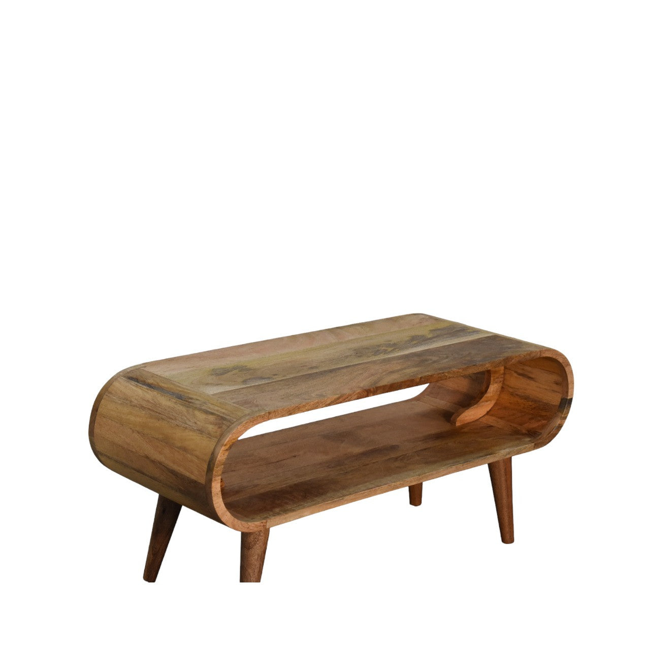 Solid oak coffee table with oval cutout on top and tapered wooden legs