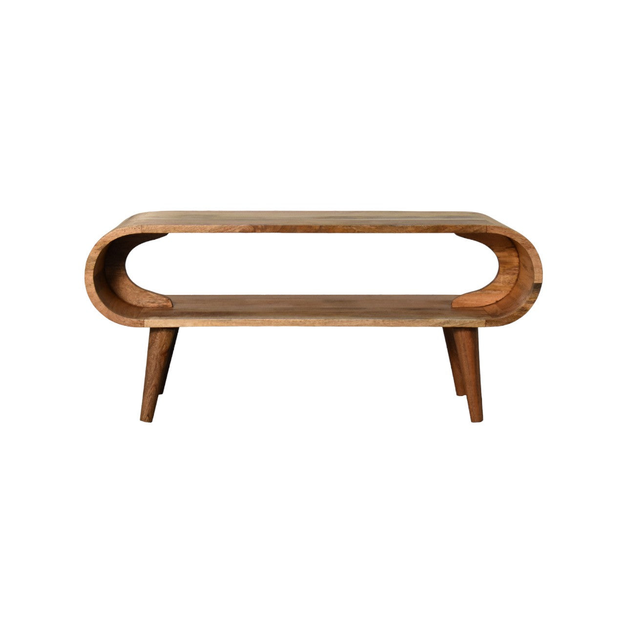 Solid oak coffee table front view with oval cutout opening and tapered legs