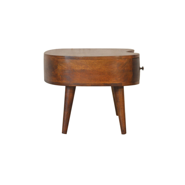 Chestnut wood oval coffee table with pull-out drawer and four tapered legs
