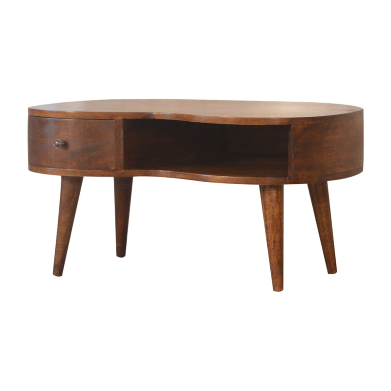 Chestnut wood oval coffee table with drawer bay and tapered legs