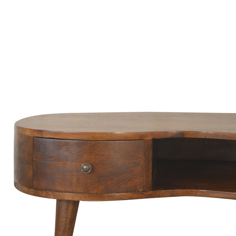 Chestnut wood oval coffee table with center drawer and round knob