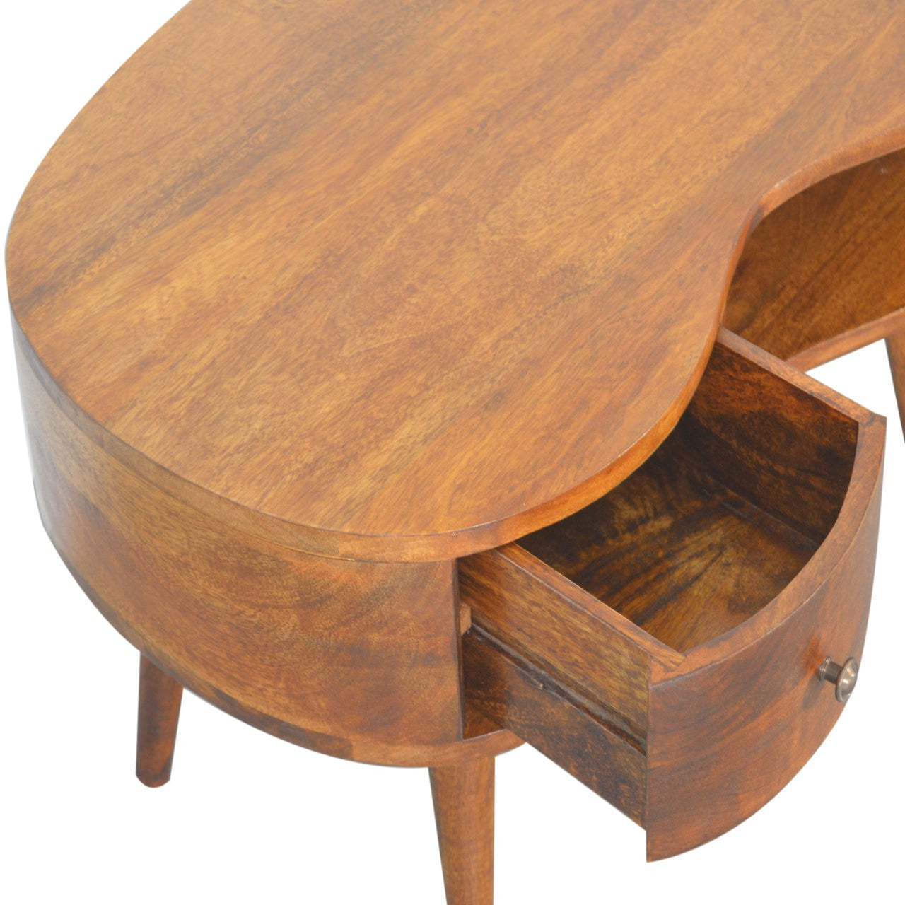 Chestnut wood coffee table with open drawer storage and round pull knob