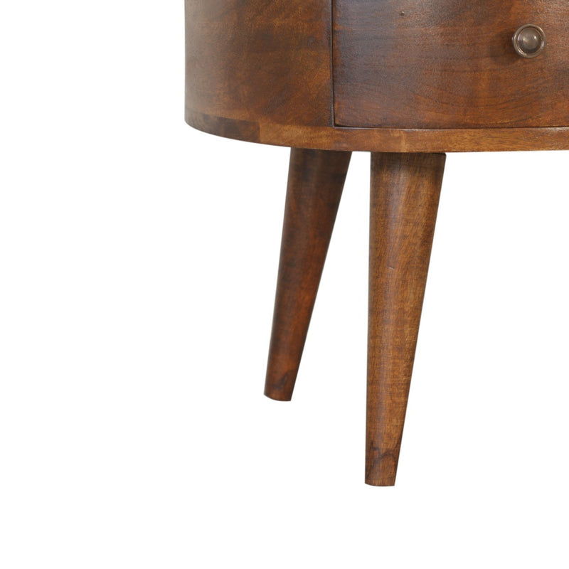 Chestnut wood coffee table with drawer front and tapered wooden legs