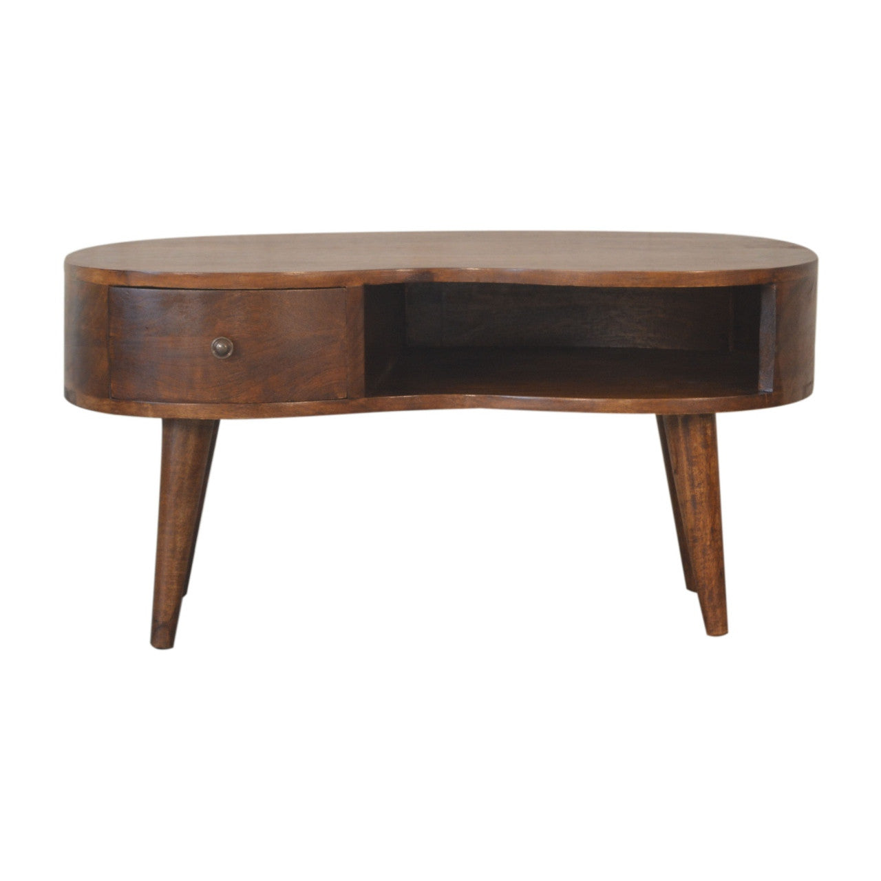 Chestnut wood oval coffee table with front drawer and round knob, tapered legs