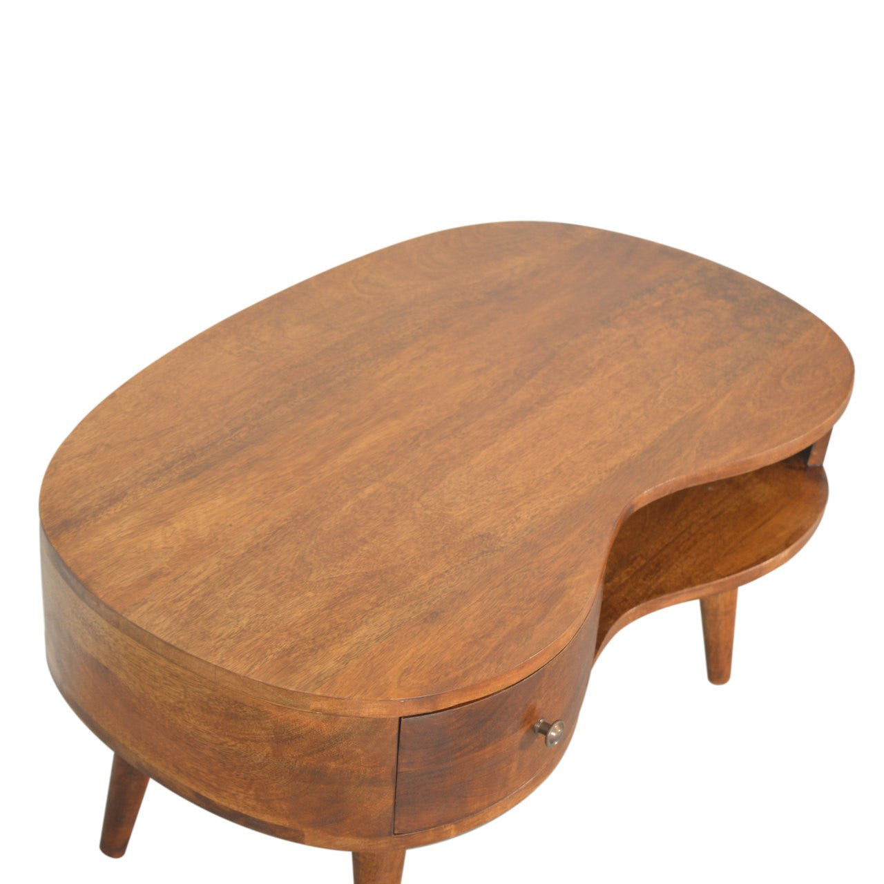 Chestnut wood oval coffee table with curved top and side drawer