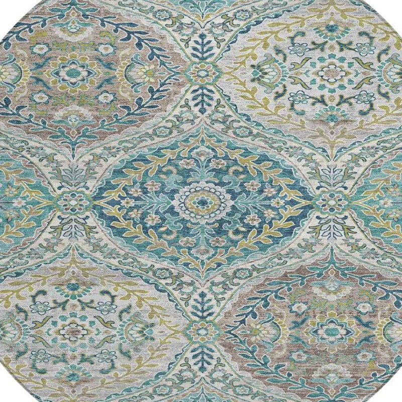8' Teal Blue Fern Green And Beige Round Floral Washable Indoor Outdoor Area Rug