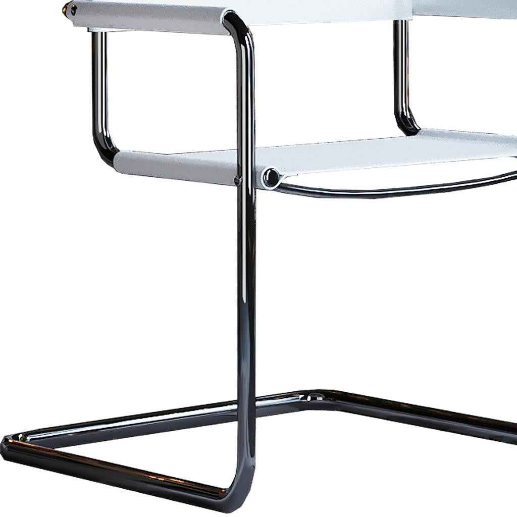 23" Silver And White Leather and Stainless Steel Arm Chair