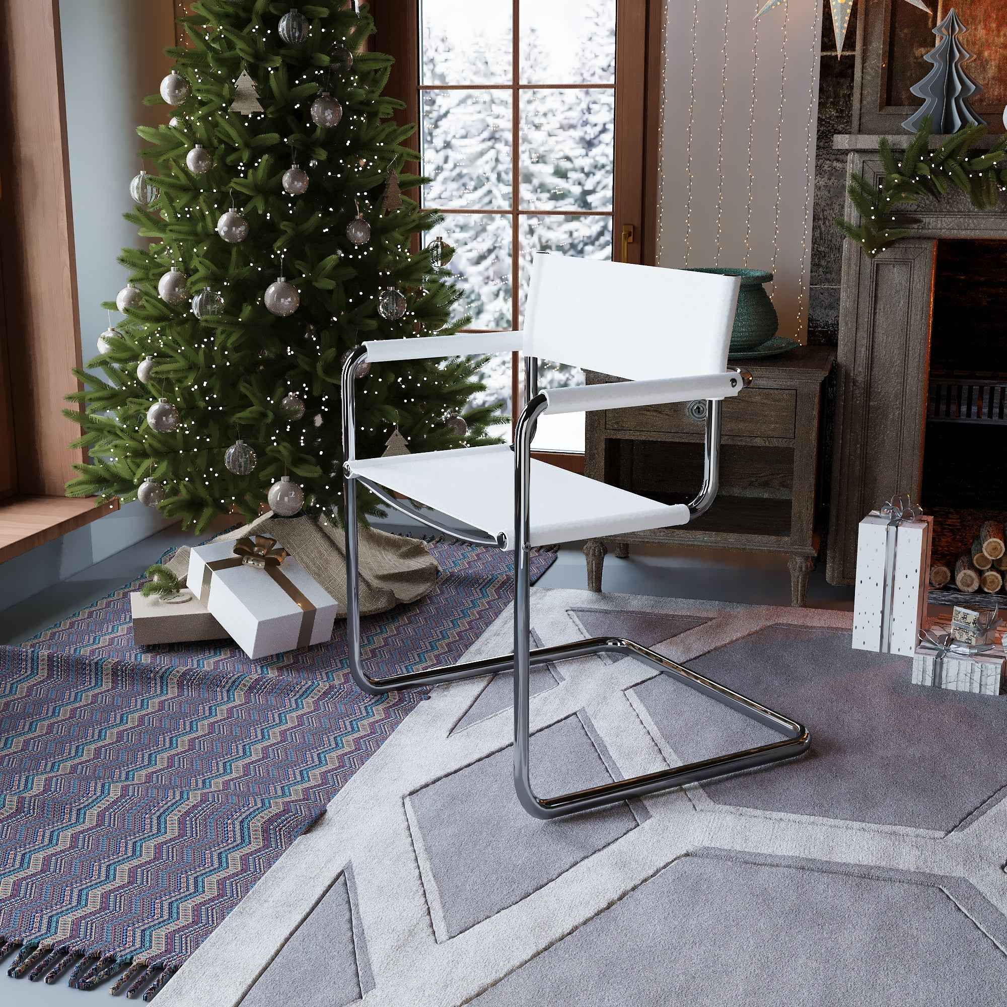 23" Silver And White Leather and Stainless Steel Arm Chair