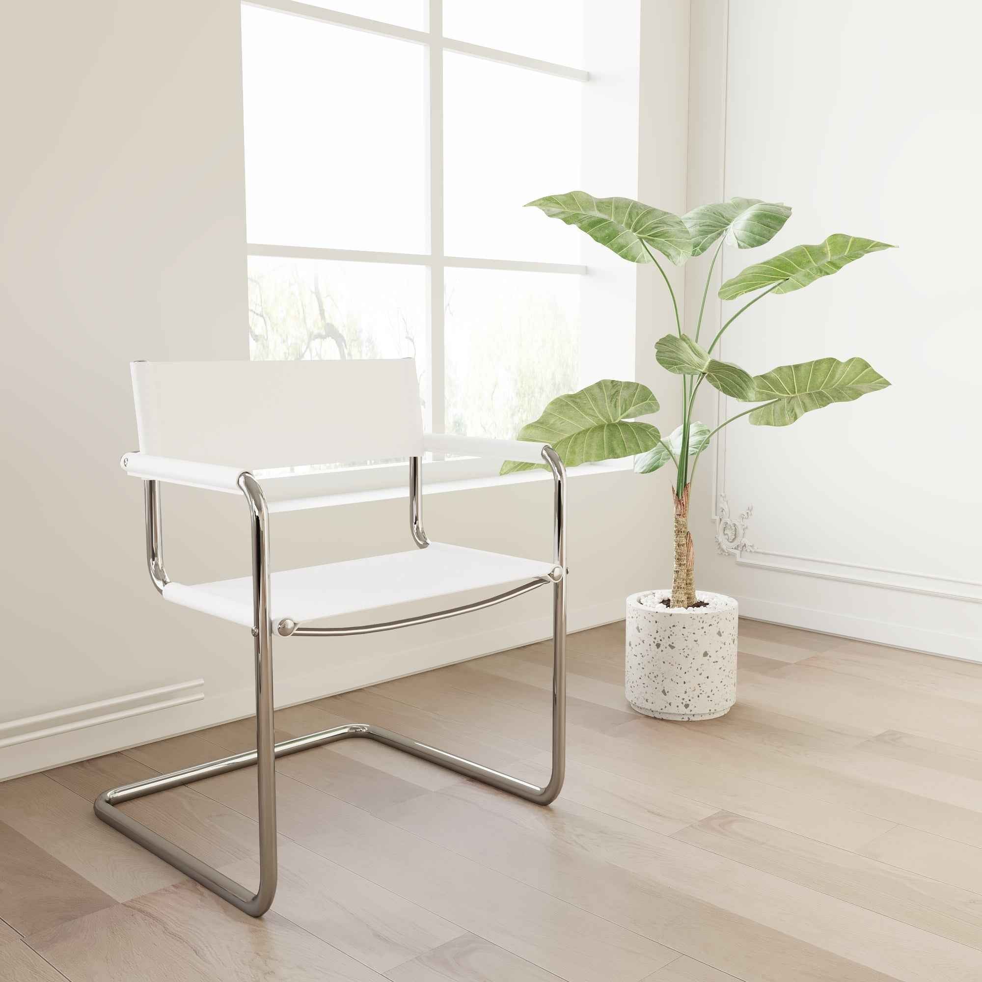 23" Silver And White Leather and Stainless Steel Arm Chair