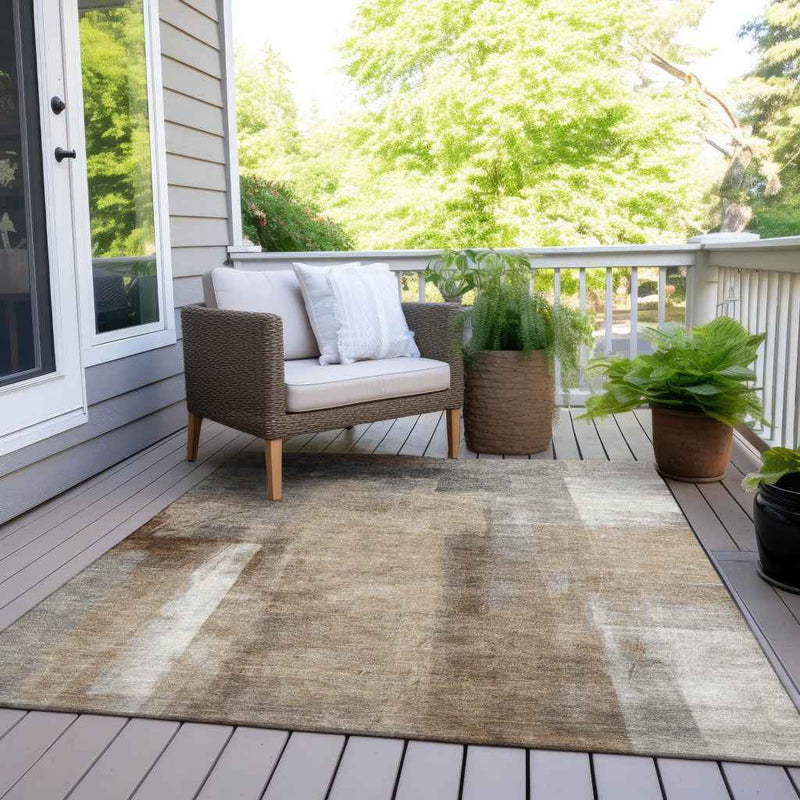 10' X 14' Beige And Ivory Abstract Washable Indoor Outdoor Area Rug