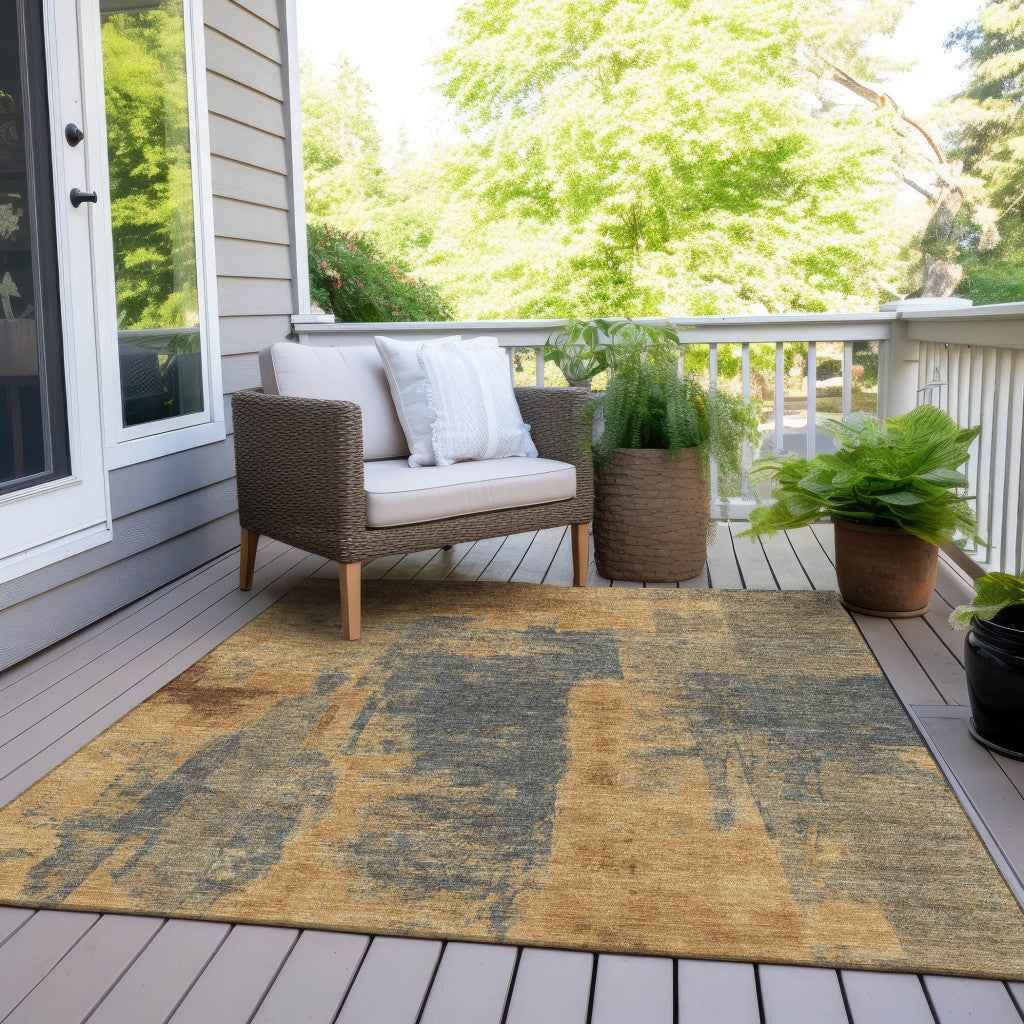 8' X 10' Gold And Charcoal Abstract Washable Indoor Outdoor Area Rug