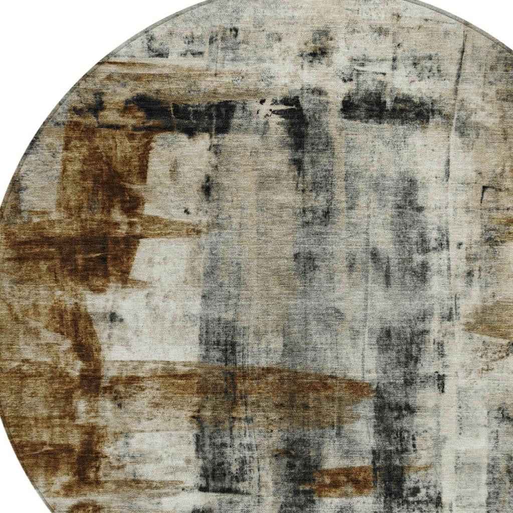 8' Taupe And Ivory Round Abstract Washable Indoor Outdoor Area Rug