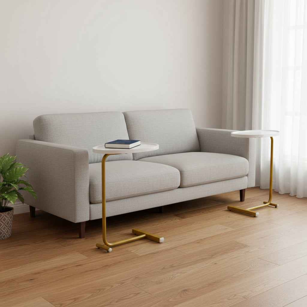 Set of Two White and Gold Faux Marble and Metal Oval End Tables