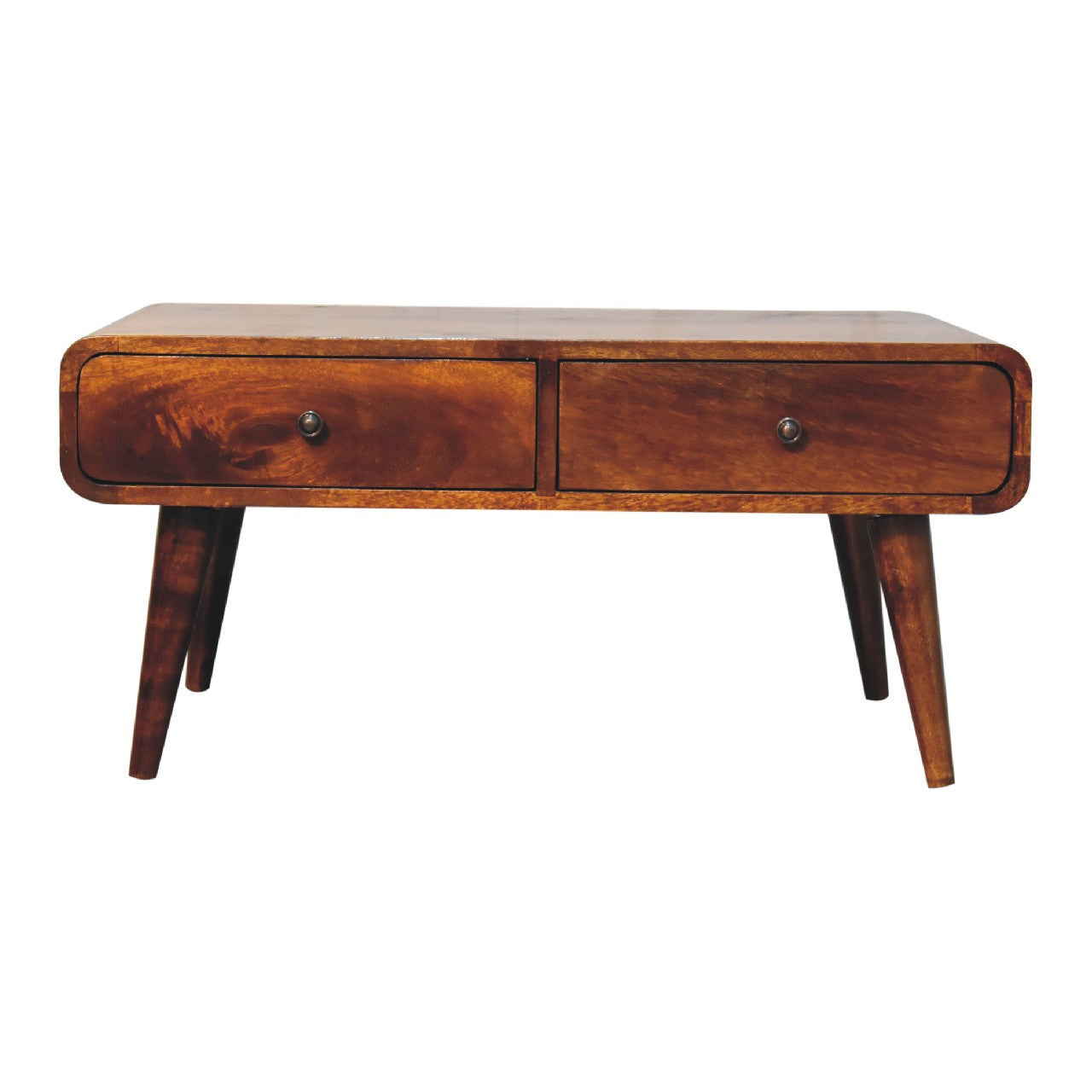 Chestnut wood coffee table with two front drawers and tapered legs