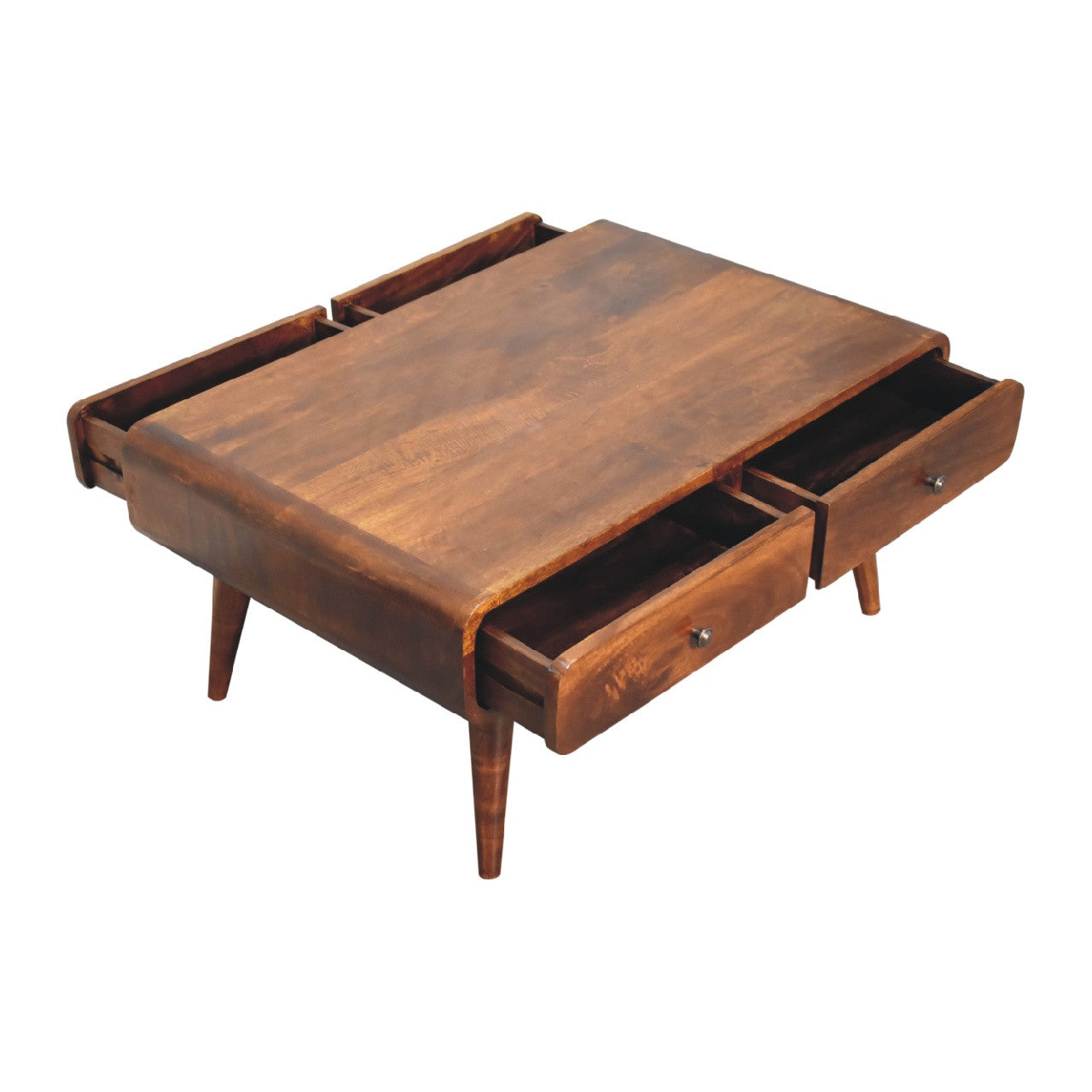Chestnut lift-top coffee table with two drawers and open storage section