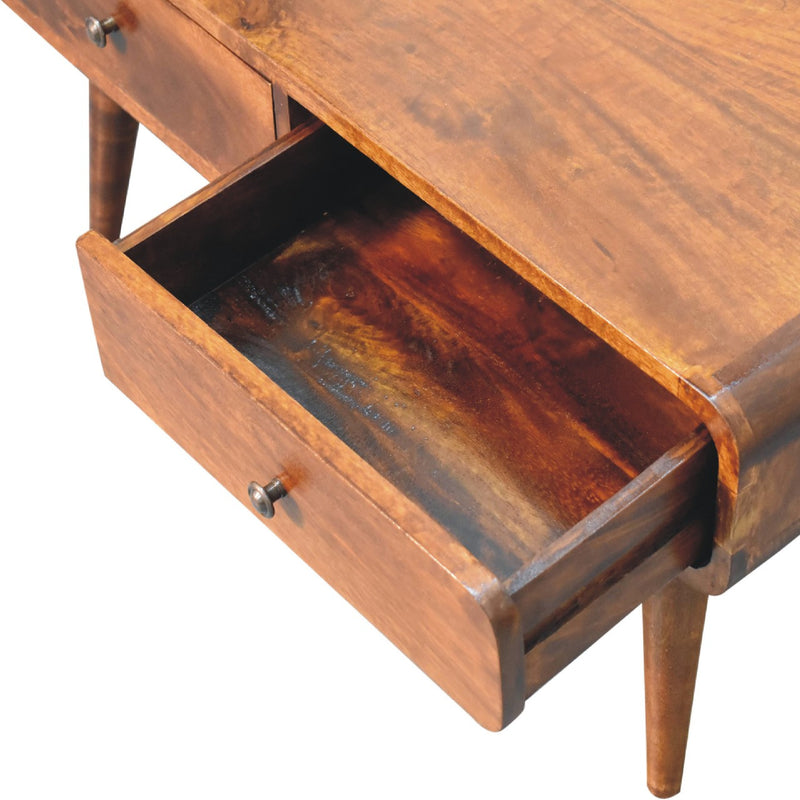 Chestnut wood coffee table drawer interior with metal pull and rails