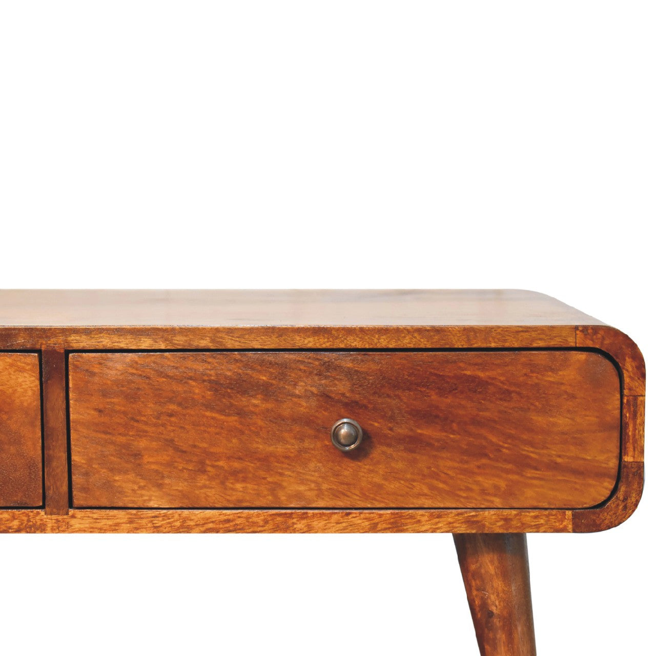 Chestnut wood coffee table front drawer with round metal knob