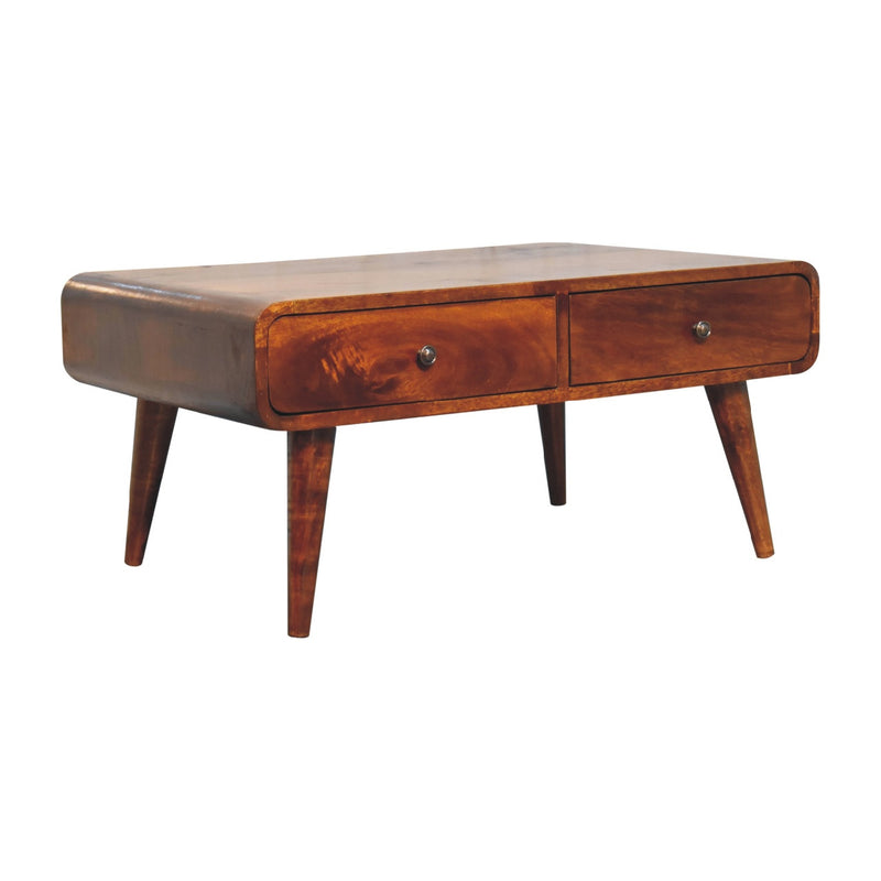 Chestnut wood coffee table with two front drawers and tapered legs