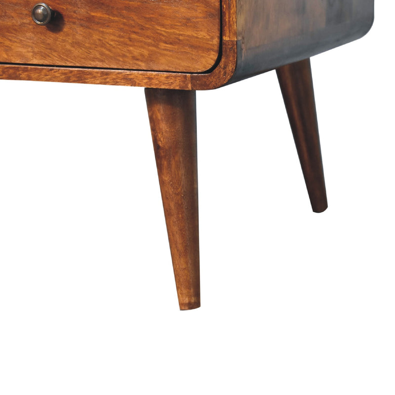 Chestnut wood coffee table leg and drawer corner with curved edge