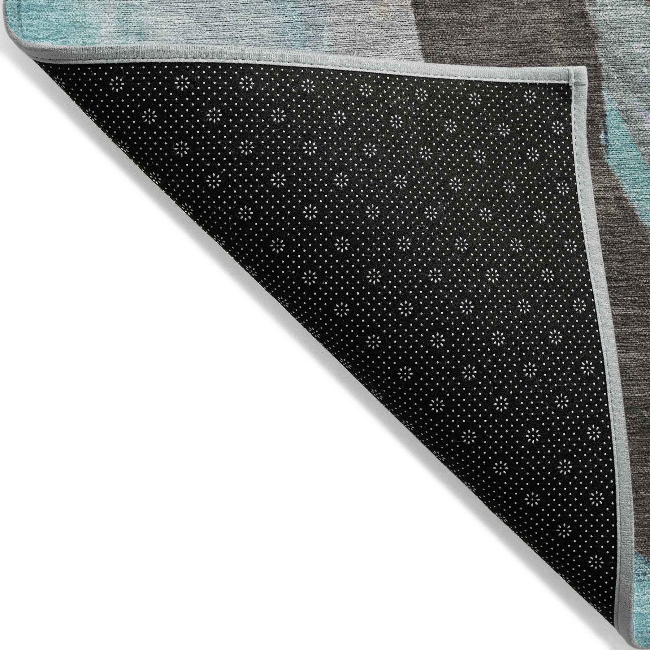 8' Teal Blue And Brown Round Abstract Washable Indoor Outdoor Area Rug