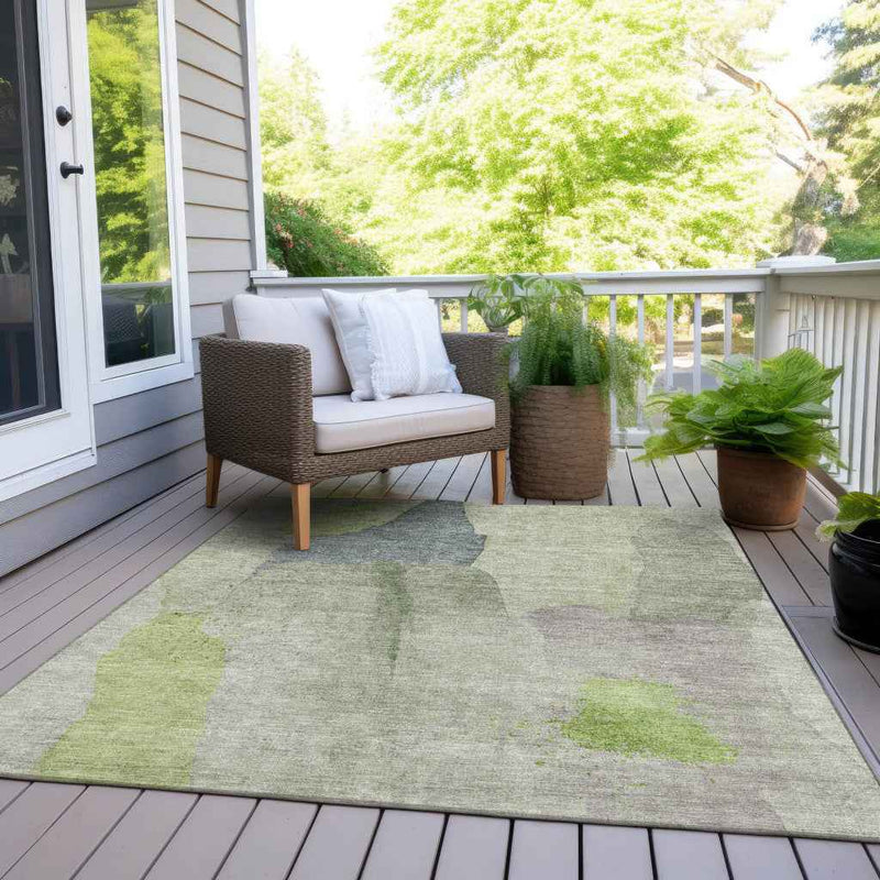 8' X 10' Artichoke Green And Taupe Abstract Washable Indoor Outdoor Area Rug